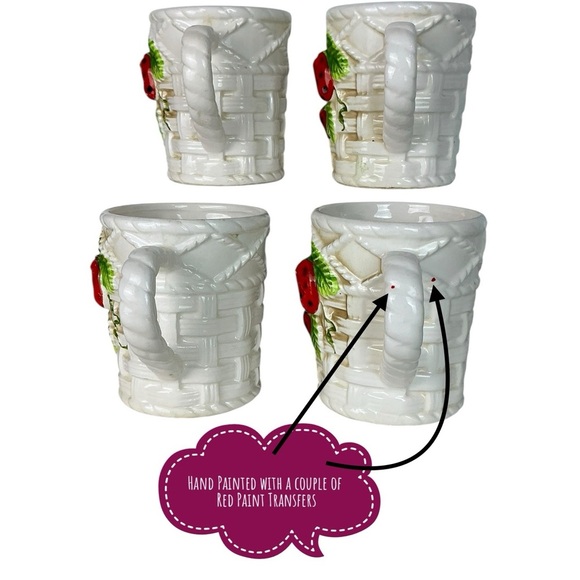 Vintage Sears Roebuck Strawberry Mugs Ceramic Basket Weave 4 Piece Cup Set 1981 - Picture 8 of 13